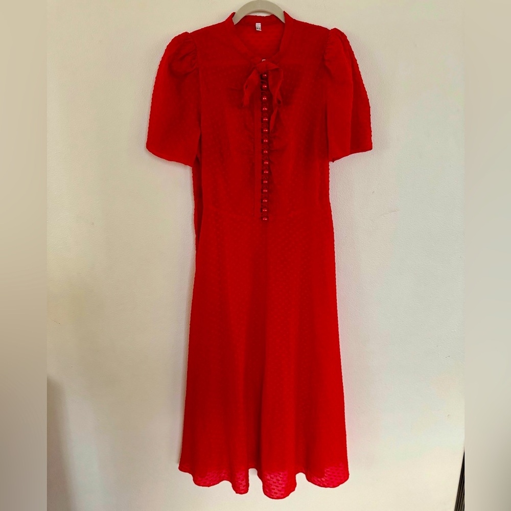 LK Bennett Sina Red Silk-Cotton Midi Shirt Dress Size US 10 Polka Dot Bow Button